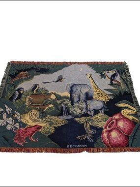 Vintage Beckman Jungle Animal Tapestry Throw Blanket Safari Elephant Tiger